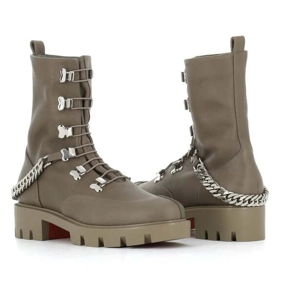 Christian Louboutin Horse Flat Silex Grey Leather Combat Lace Up Chain Boot 36 - Picture 5 of 12
